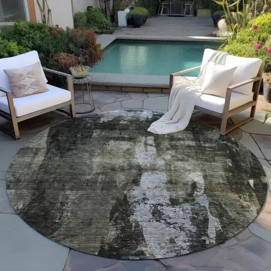 8' Charcoal And Black Round Abstract Washable Indoor Outdoor Area Rug Photo 7