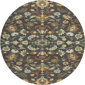 Photo of 8' Charcoal And Black Round Floral Medallion Washable Indoor Outdoor Area Rug