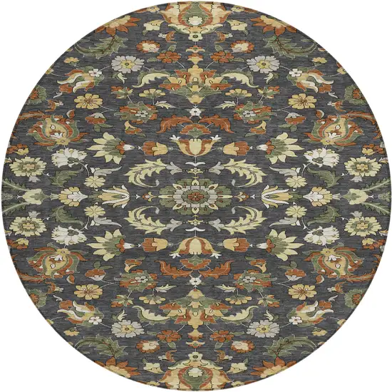 8' Charcoal And Black Round Floral Medallion Washable Indoor Outdoor Area Rug Photo 1