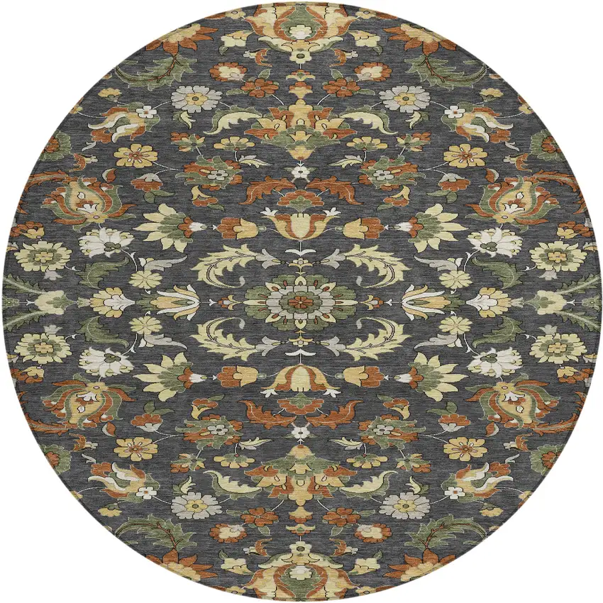 8' Charcoal And Black Round Floral Medallion Washable Indoor Outdoor Area Rug Photo 1