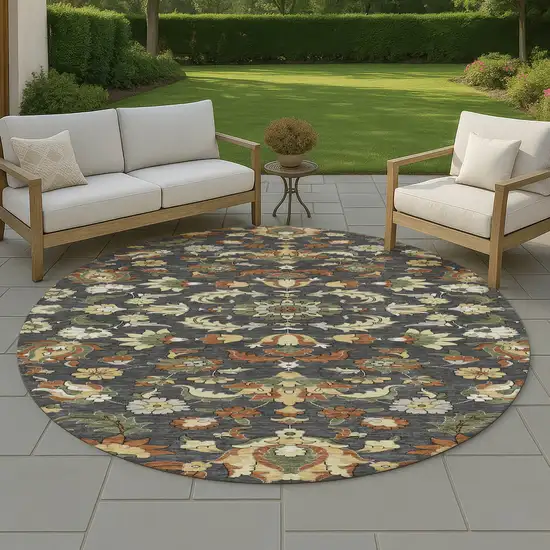 8' Charcoal And Black Round Floral Medallion Washable Indoor Outdoor Area Rug Photo 4