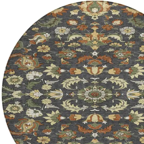 8' Charcoal And Black Round Floral Medallion Washable Indoor Outdoor Area Rug Photo 3