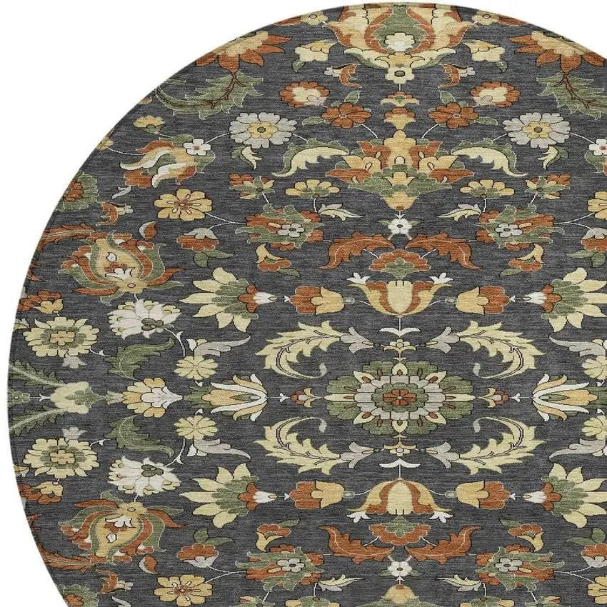 8' Charcoal And Black Round Floral Medallion Washable Indoor Outdoor Area Rug Photo 3