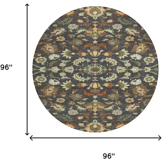 8' Charcoal And Black Round Floral Medallion Washable Indoor Outdoor Area Rug Photo 8