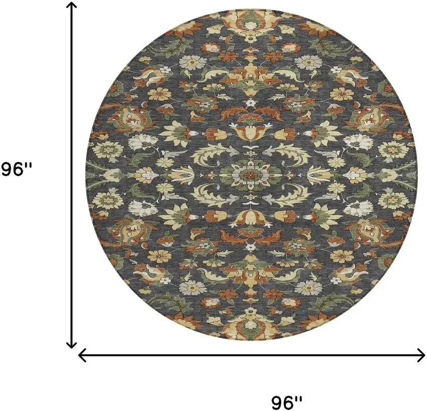8' Charcoal And Black Round Floral Medallion Washable Indoor Outdoor Area Rug Photo 8