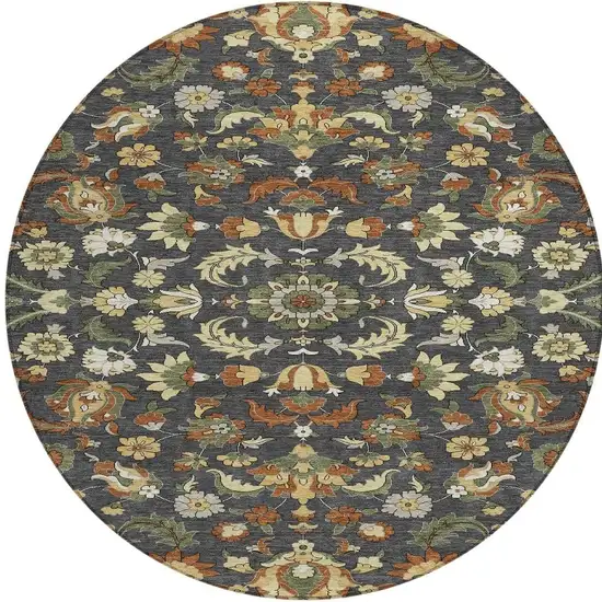8' Charcoal And Black Round Floral Medallion Washable Indoor Outdoor Area Rug Photo 2