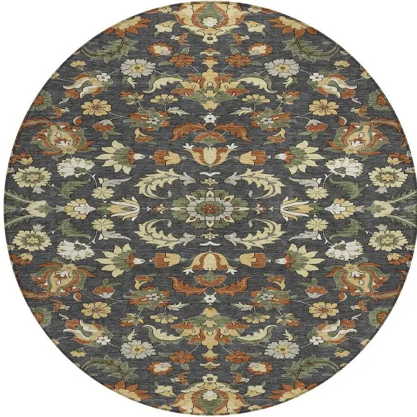 8' Charcoal And Black Round Floral Medallion Washable Indoor Outdoor Area Rug Photo 2
