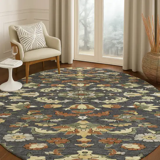 8' Charcoal And Black Round Floral Medallion Washable Indoor Outdoor Area Rug Photo 5