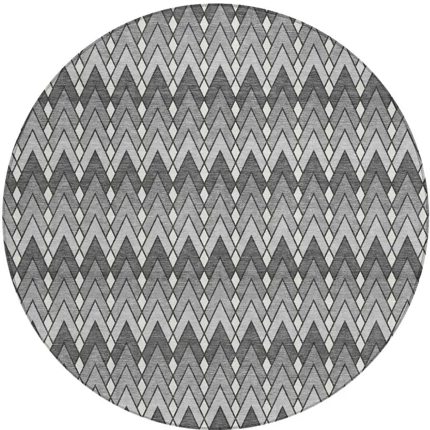 8' Charcoal And Black Round Geometric Washable Indoor Outdoor Area Rug Photo 4