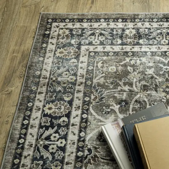 8' Charcoal And Blue Oriental Distressed Runner Rug Photo 9