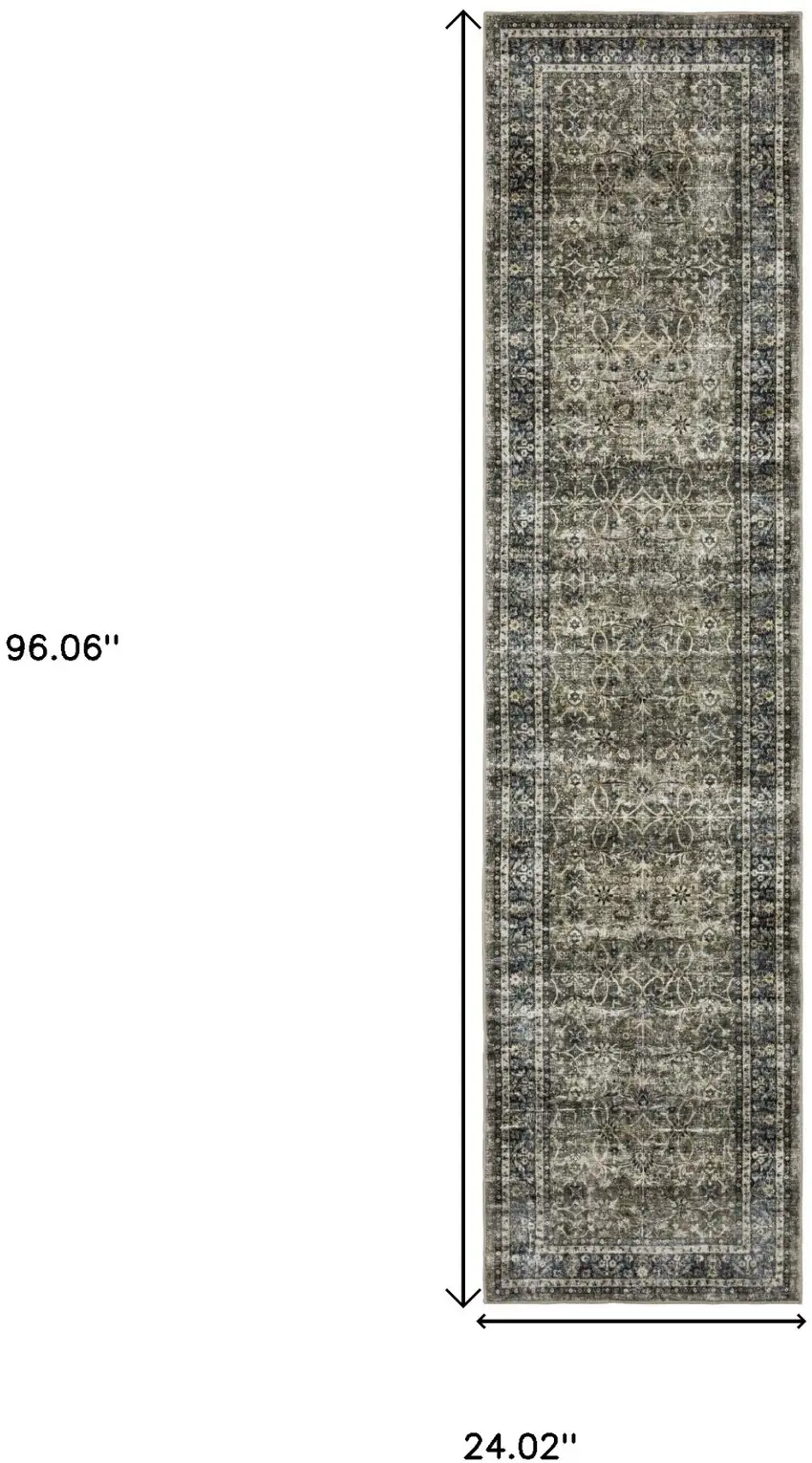 8' Charcoal And Blue Oriental Distressed Runner Rug Photo 3