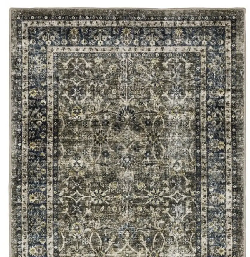 8' Charcoal And Blue Oriental Distressed Runner Rug Photo 8