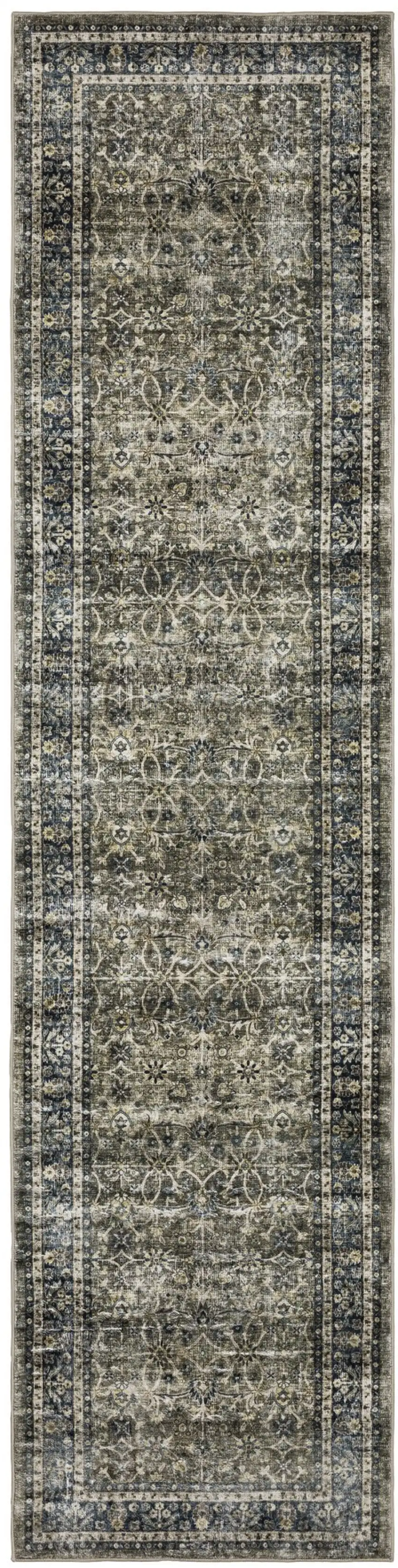 8' Charcoal And Blue Oriental Distressed Runner Rug Photo 2