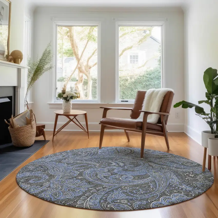 8' Charcoal And Blue Paisley Washable Round Rug With UV Protection Photo 4