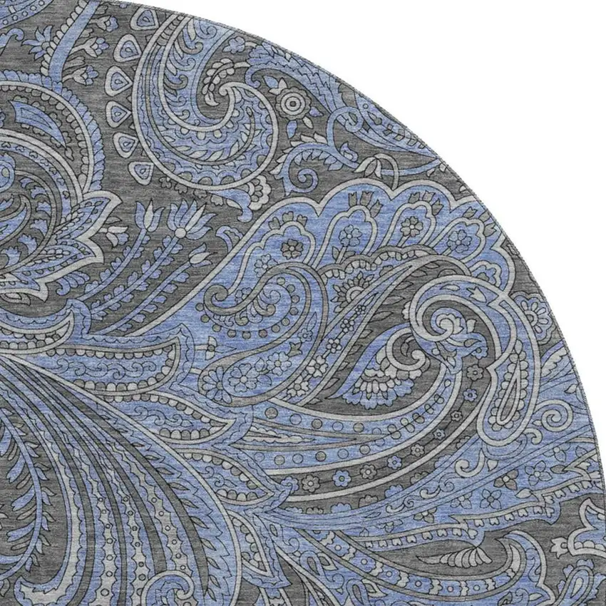 8' Charcoal And Blue Paisley Washable Round Rug With UV Protection Photo 3