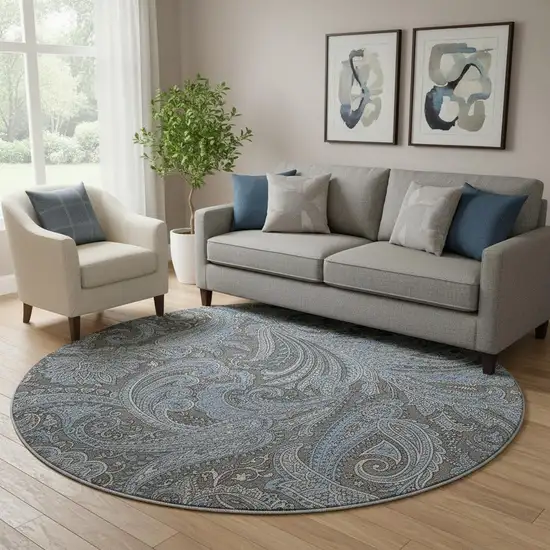 8' Charcoal And Blue Paisley Washable Round Rug With UV Protection Photo 1