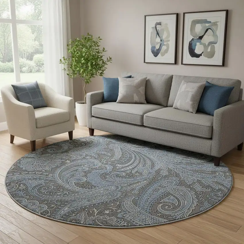 8' Charcoal And Blue Paisley Washable Round Rug With UV Protection Photo 1