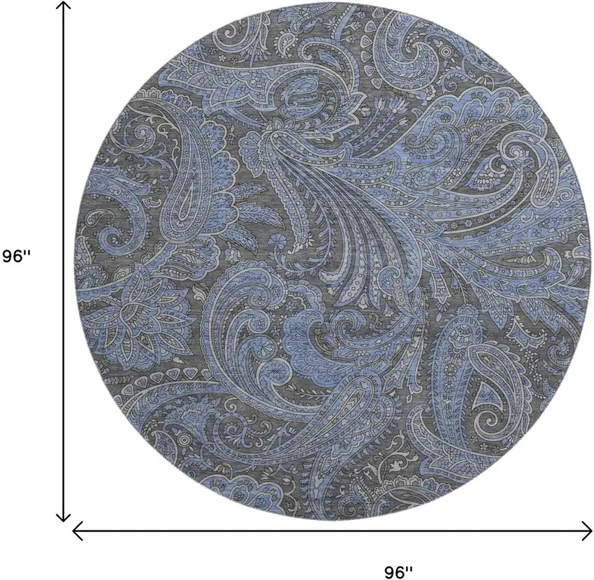 8' Charcoal And Blue Paisley Washable Round Rug With UV Protection Photo 9