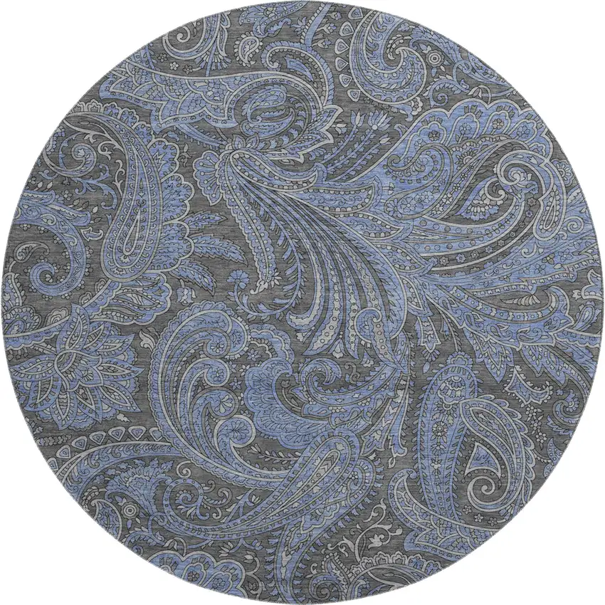 8' Charcoal And Blue Paisley Washable Round Rug With UV Protection Photo 1