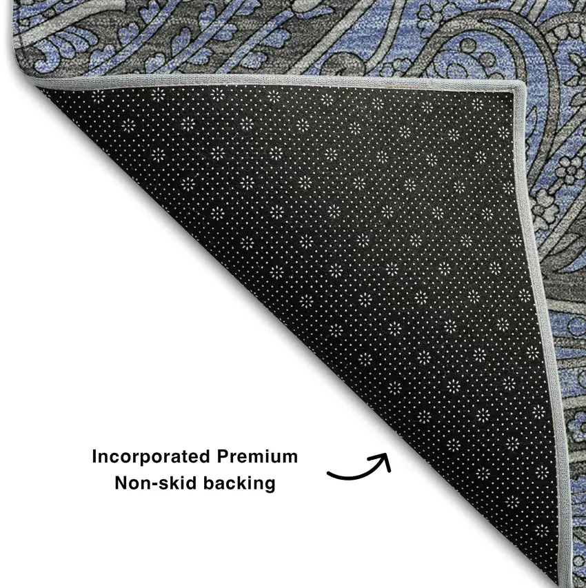 8' Charcoal And Blue Paisley Washable Round Rug With UV Protection Photo 5