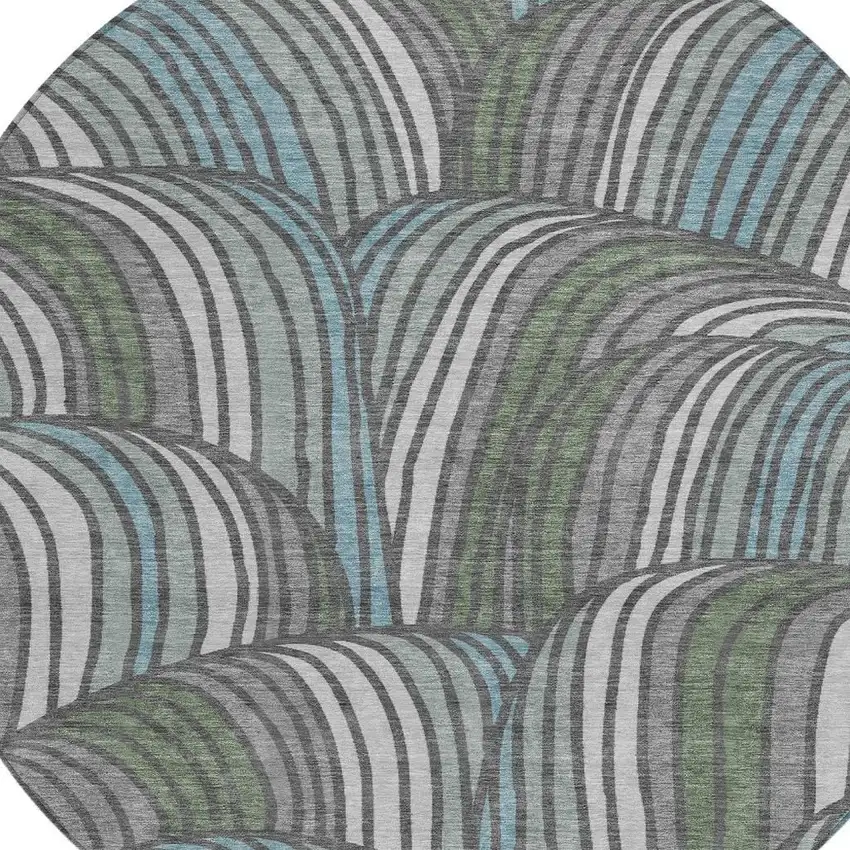 8' Charcoal And Blue Round Abstract Washable Indoor Outdoor Area Rug Photo 2