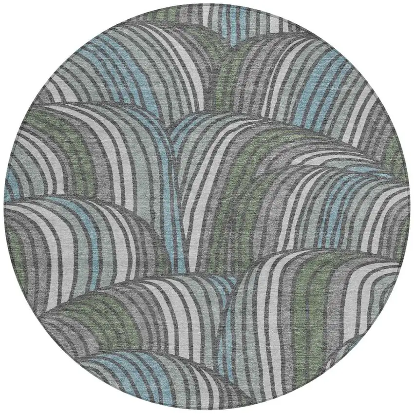 8' Charcoal And Blue Round Abstract Washable Indoor Outdoor Area Rug Photo 3