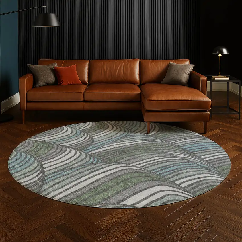 8' Charcoal And Blue Round Abstract Washable Indoor Outdoor Area Rug Photo 5