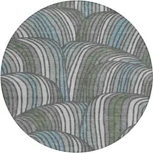 Photo of 8' Charcoal And Blue Round Abstract Washable Indoor Outdoor Area Rug