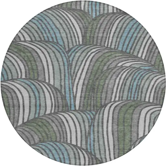 8' Charcoal And Blue Round Abstract Washable Indoor Outdoor Area Rug Photo 1
