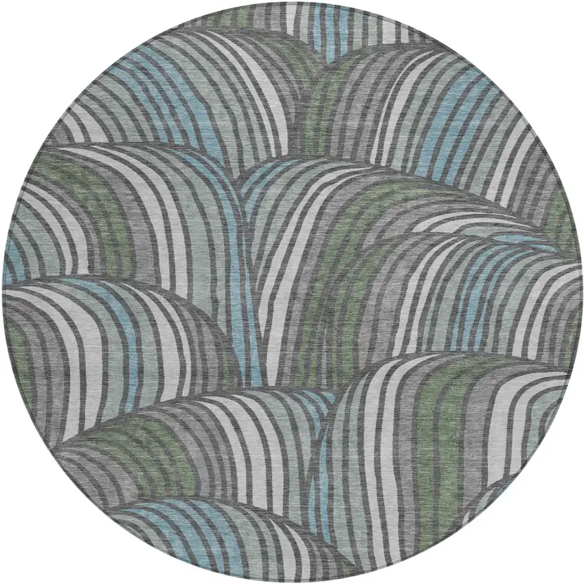 8' Charcoal And Blue Round Abstract Washable Indoor Outdoor Area Rug Photo 1