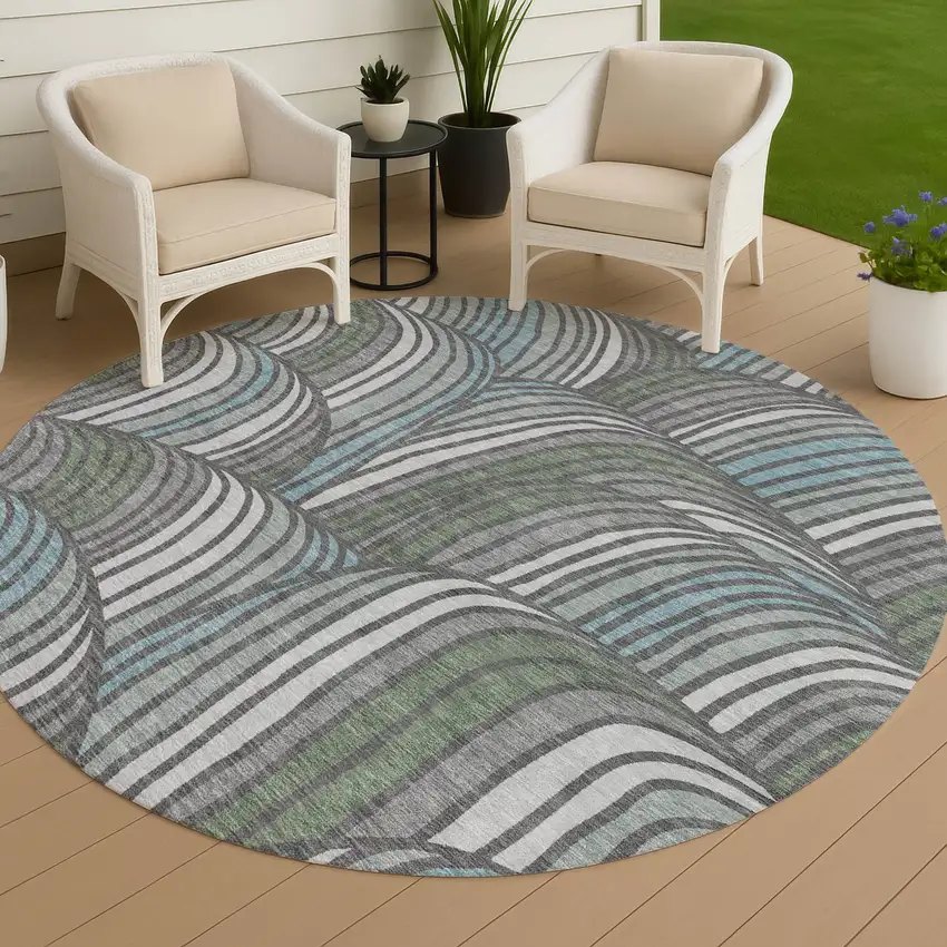 8' Charcoal And Blue Round Abstract Washable Indoor Outdoor Area Rug Photo 4