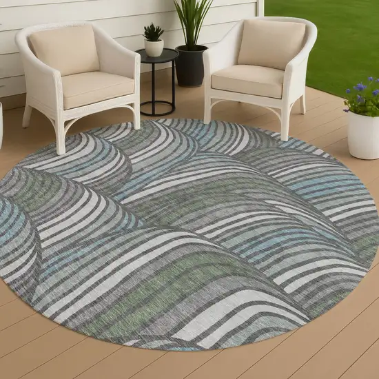 8' Charcoal And Blue Round Abstract Washable Indoor Outdoor Area Rug Photo 4