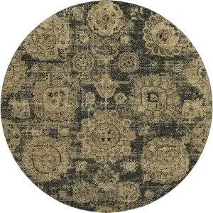 Photo of 8' Charcoal And Brown Floral Washable Round Rug With UV Protection