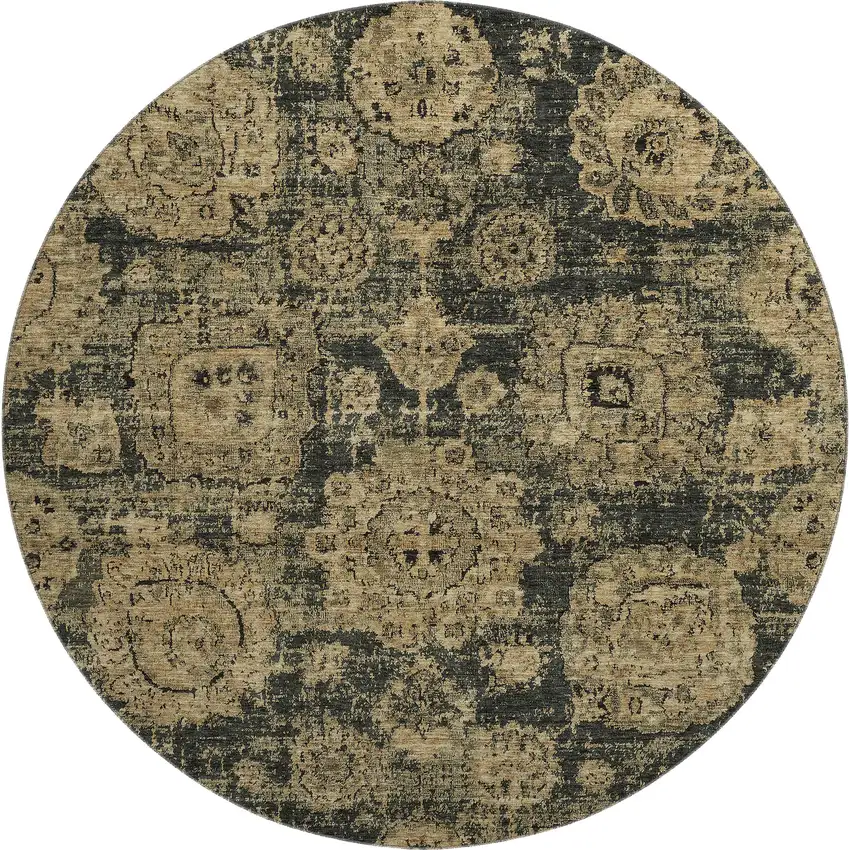 8' Charcoal And Brown Floral Washable Round Rug With UV Protection Photo 1