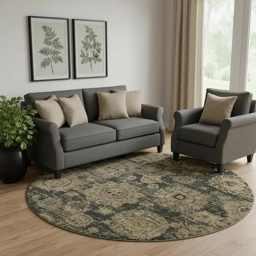 8' Charcoal And Brown Floral Washable Round Rug With UV Protection Photo 1