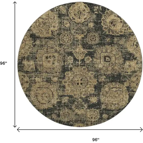 8' Charcoal And Brown Floral Washable Round Rug With UV Protection Photo 3