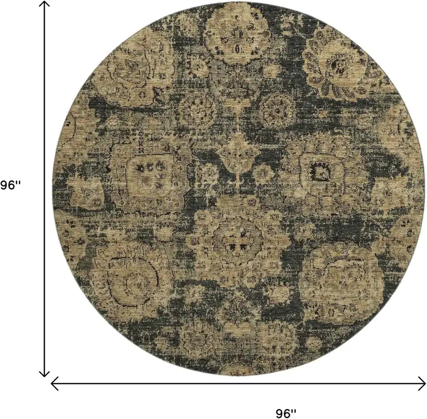 8' Charcoal And Brown Floral Washable Round Rug With UV Protection Photo 3
