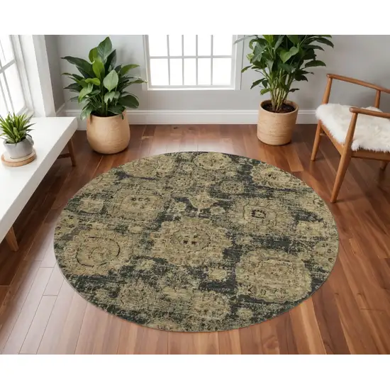 8' Charcoal And Brown Floral Washable Round Rug With UV Protection Photo 2