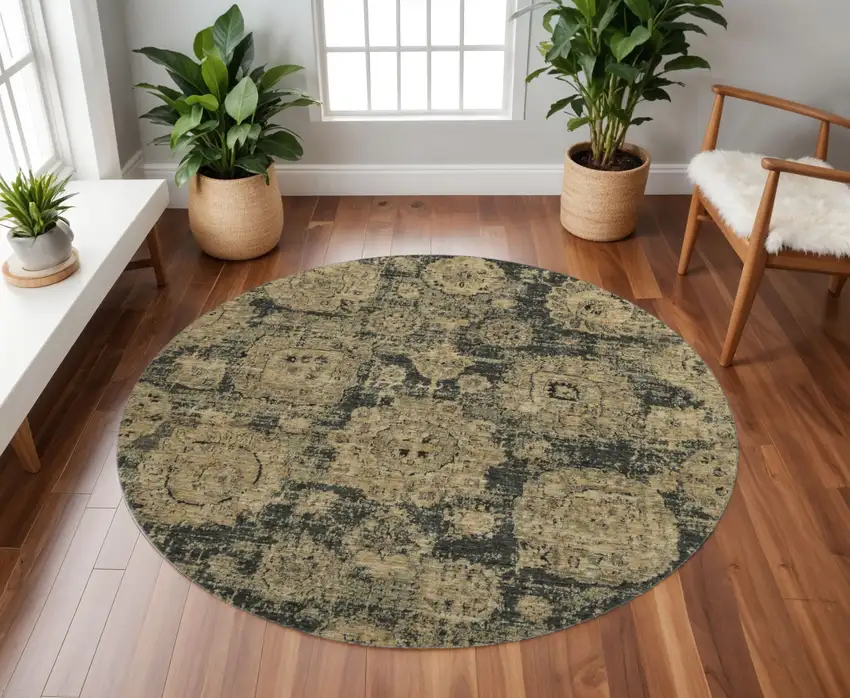 8' Charcoal And Brown Floral Washable Round Rug With UV Protection Photo 2