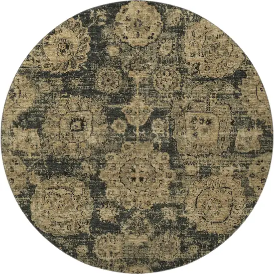 8' Charcoal And Brown Floral Washable Round Rug With UV Protection Photo 4