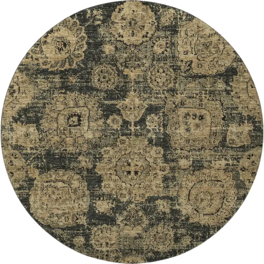 8' Charcoal And Brown Floral Washable Round Rug With UV Protection Photo 4