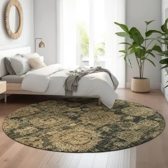 8' Charcoal And Brown Floral Washable Round Rug With UV Protection Photo 5