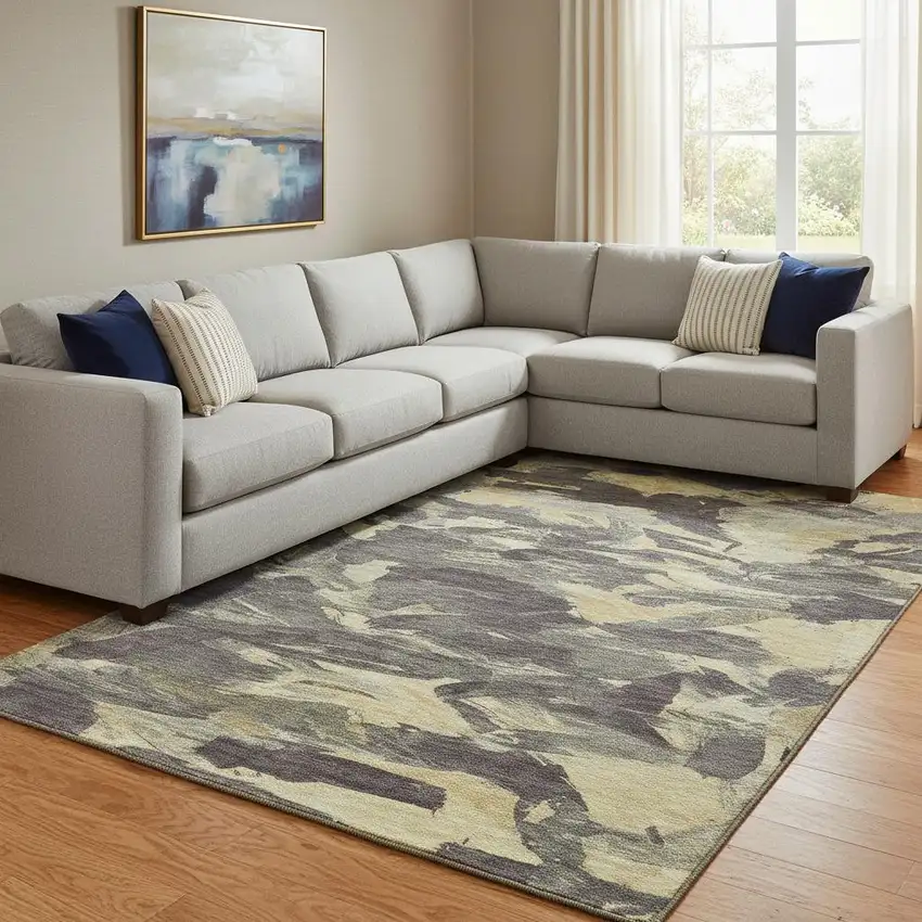 8' Charcoal And Gold Abstract Washable Area Rug With UV Protection Photo 2