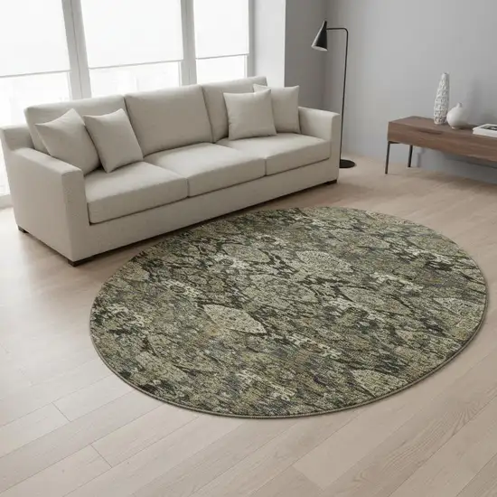 8' Charcoal And Gray Damask Washable Round Rug With UV Protection Photo 2