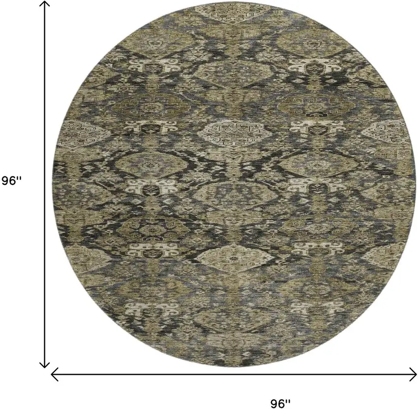 8' Charcoal And Gray Damask Washable Round Rug With UV Protection Photo 9