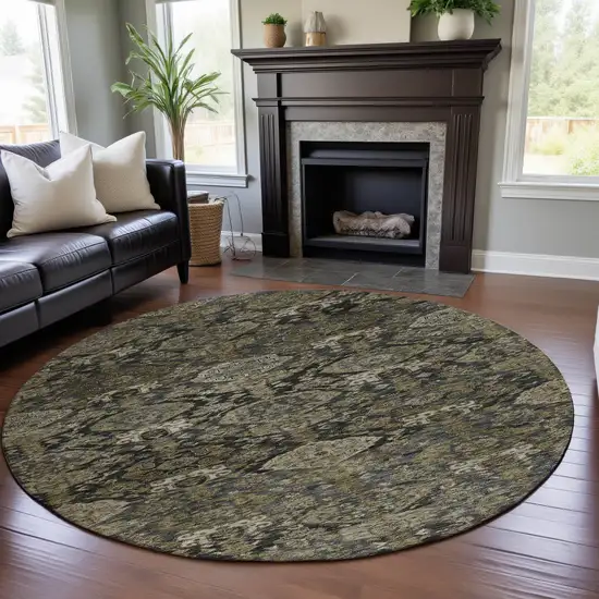 8' Charcoal And Gray Damask Washable Round Rug With UV Protection Photo 4