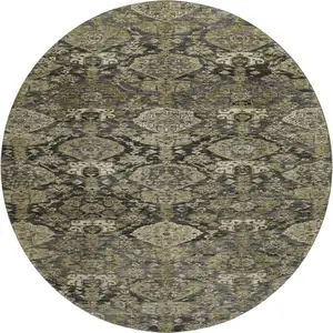 Photo of 8' Charcoal And Gray Damask Washable Round Rug With UV Protection