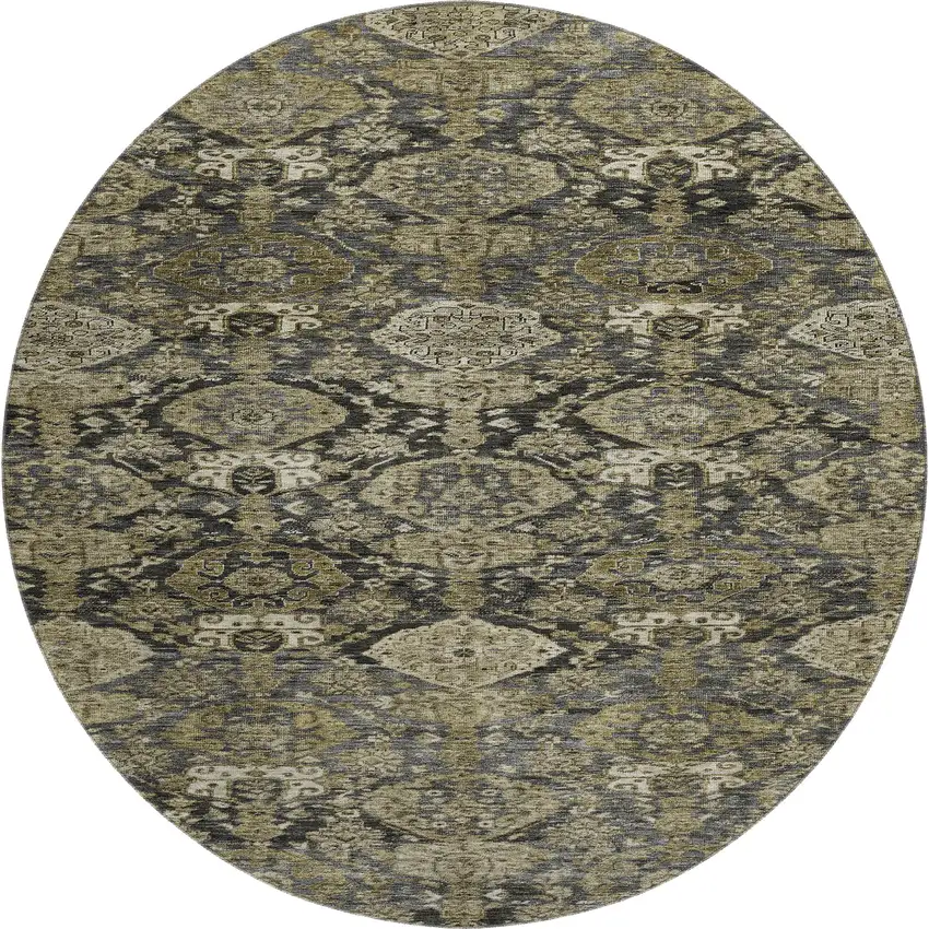 8' Charcoal And Gray Damask Washable Round Rug With UV Protection Photo 1