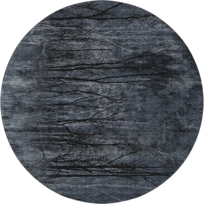 8' Charcoal And Gray Floral Washable Round Rug With UV Protection Photo 4