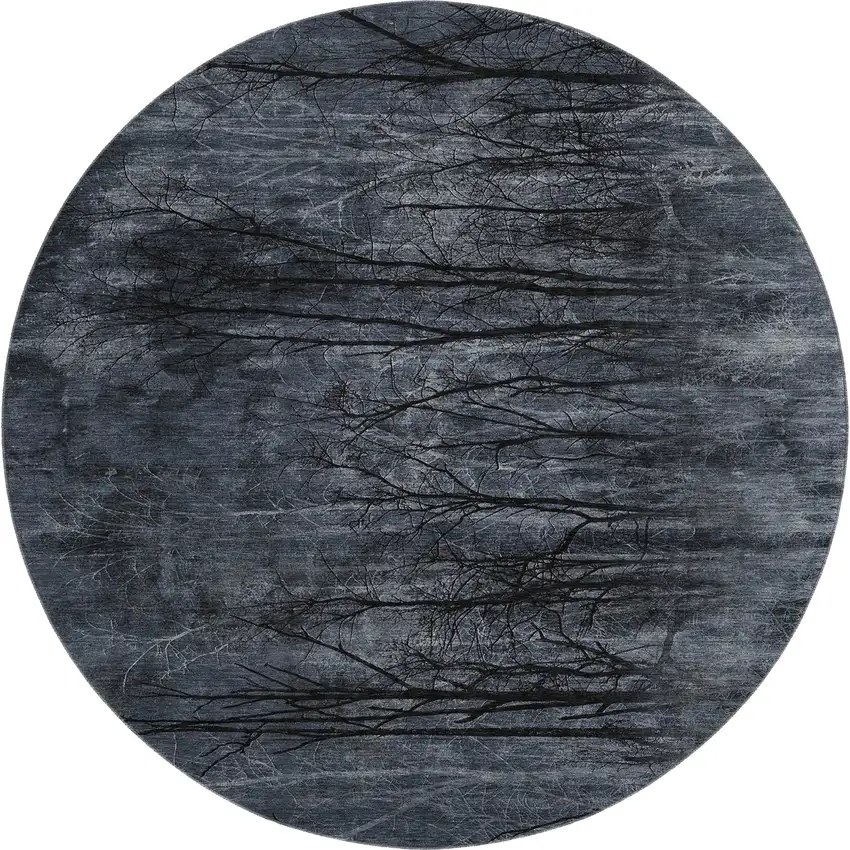 8' Charcoal And Gray Floral Washable Round Rug With UV Protection Photo 1